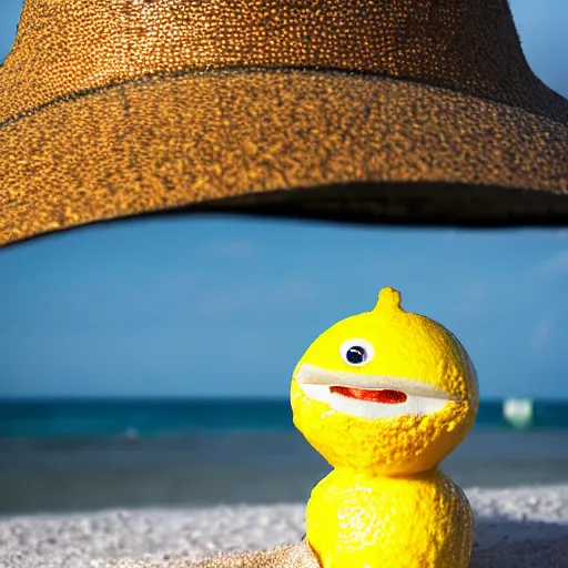 Image similar to 5 0 mm photograph, of a real anthropomorphic lemon character, with lemon skin texture, it is wearing a hat and scuba diving, building a sandcastle on the beach at sunset, beach, huge waves, sun, clouds, tropical trees, rim light, cinematic photography, professional, sand, sandcastle, volumetric lightening