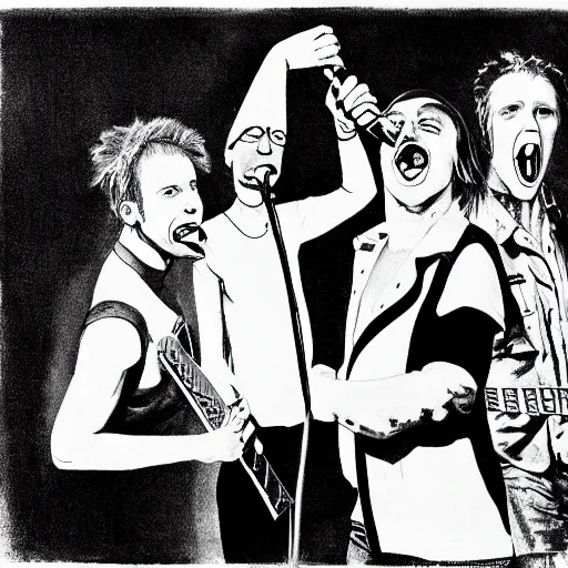 Image similar to 8 0 s punk rock band holding banana microphone, with banana costumed background singers, concert photo, getty images, pencil drawing