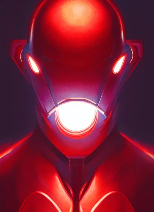 Image similar to symmetry!! portrait of a metallic being with a face with a glowing red light, complimentary colors, perfect lighting, perfect composition, aesthetic, masterpiece, award winning, artstation, darek zabrocki, greg rutkowski, artgerm, 4 k