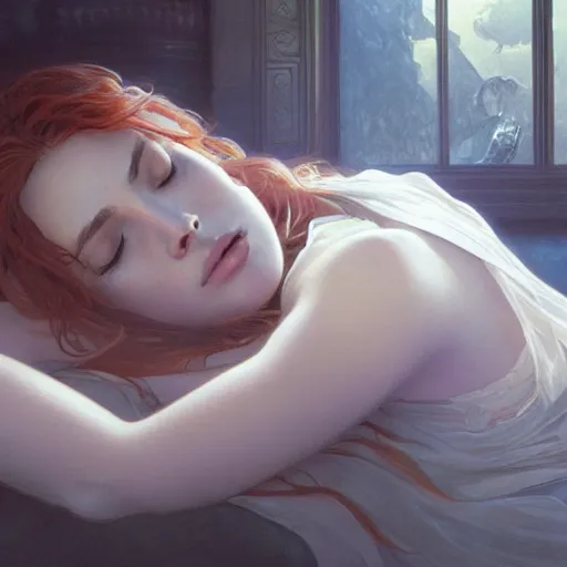 Image similar to ultra realistic illustration, bella thorne sleeping, intricate, elegant, highly detailed, digital painting, artstation, concept art, smooth, sharp focus, illustration, art by artgerm and greg rutkowski and alphonse mucha