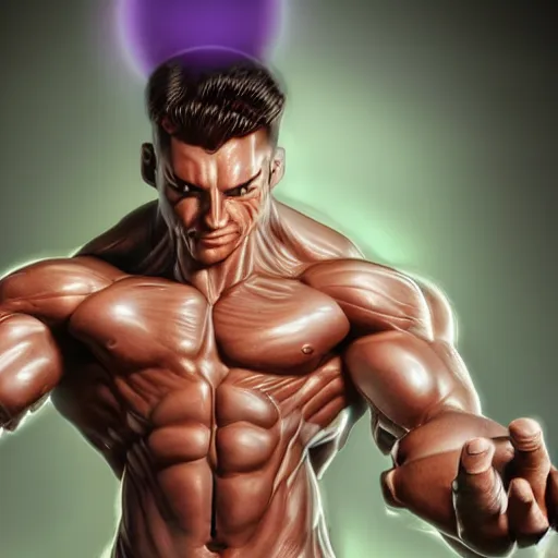 Image similar to a muscular man made of purple energy, wielding two orbs in his hands that are able to manipulate the force of electromagnetism in order to cause chemical changes inside of the orbs.