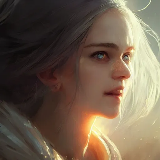 Prompt: a portrait of a beautiful smiling lady with adorable eyes, pretty eyes, beautiful eyes, looking up onto the sky, smiling, art of wlop and greg rutkowski, epic fantasy art, bright light masterpiece, ray of light through white hair