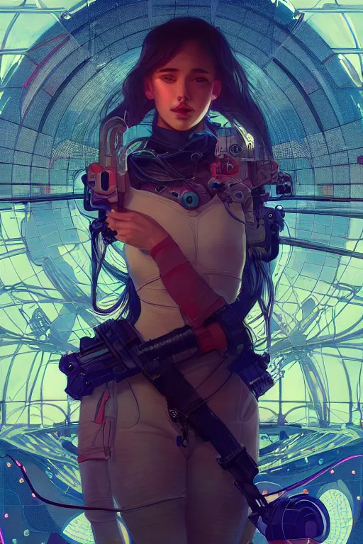 Image similar to portrait futuristic Airforce Girl, in future airport rooftop , ssci-fi, fantasy, intricate, very very beautiful, elegant, human anatomy, neon light, highly detailed, digital painting, artstation, concept art, smooth, sharp focus, illustration, art by tian zi and WLOP and alphonse mucha