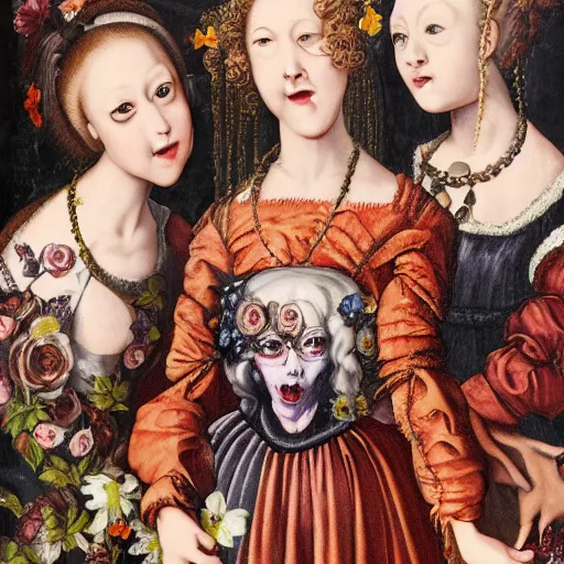 Image similar to renaissance, baroque oil painting of a group of creepy young ladies wearing renaissance long harajuku manga dress with flowers and skulls, background chaotic flowers