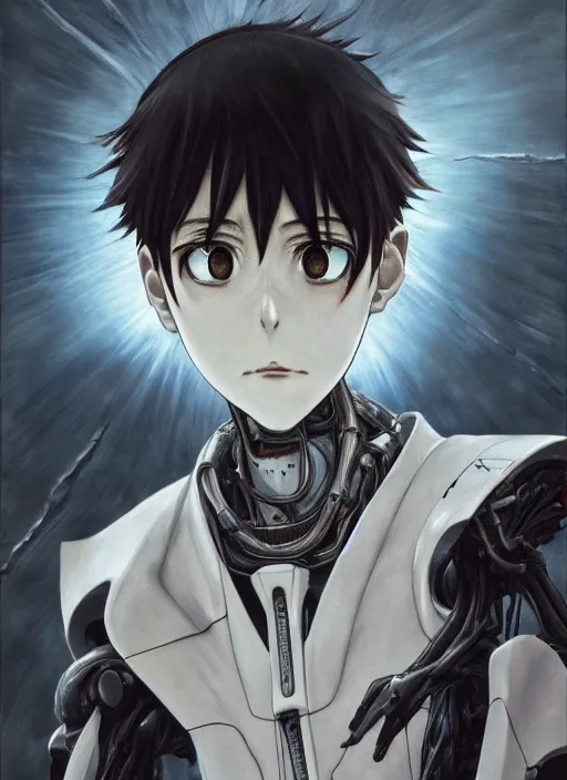 Image similar to Shinji Ikari by Yoshitaka Amano, by HR Giger, biomechanical, 4k, hyper detailed, hyperrealism, anime, a Blood Moon rising on a Broken World, deviantart, artstation