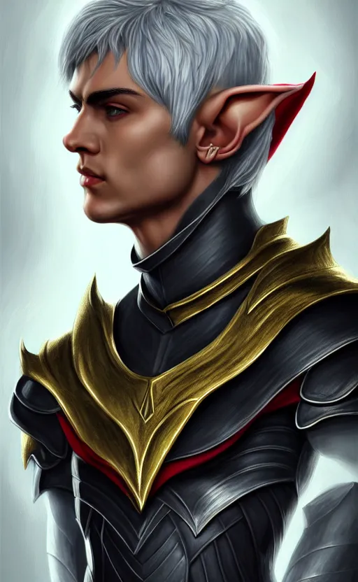 Image similar to A medium shot portrait of a male elf, he is about 20 years old, attractive, lean but muscular, serious composure, short silver hair, prideful look, he is wearing black heavy armor with gold plating and a red cape, highly detailed portrait, digital painting, ArtStation, concept art, smooth, sharp focus illustration, ArtStation HQ