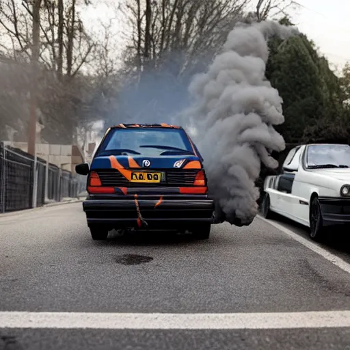 Prompt: greta thunberg with a bmw m 3 e 3 0 in the background, spewing black smoke from it's exhaust