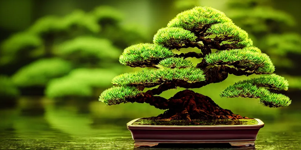 Prompt: photo bonsai cedar on a emerald marmalade in the water, gold hour, soft lighting, rain, medium full shot, volumetric lighting, beautiful, ultra detailed, 3 5 mm, fujifilm, cinematic