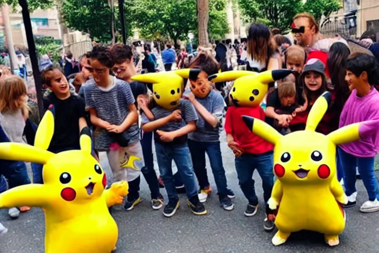 Prompt: a group of children are crowded around a life size pikachu and they looking directly it and they are laughing at it