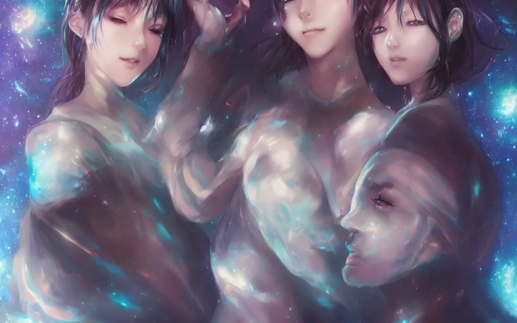 Image similar to A realistic anime portrait of a beautiful cosmic twins with glowing void eyes and cosmic skin wearing clothes made of galaxies, digital painting, by Stanley Artgerm Lau, Sakimichan, WLOP and Rossdraws, digtial painting, trending on ArtStation, SFW version