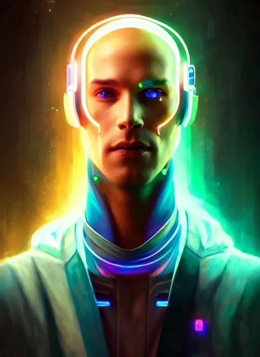 Prompt: a male cyberpunk faceless glowing liquefied stardust adventurer, dnd fantasy character, full body portrait, glowing neon skin, magical aura, ultra realistic, intricate, elegant, highly detailed, digital painting, artstation, smooth, sharp, focus, illustration, art by artgerm and greg rutkowski and alphonse mucha