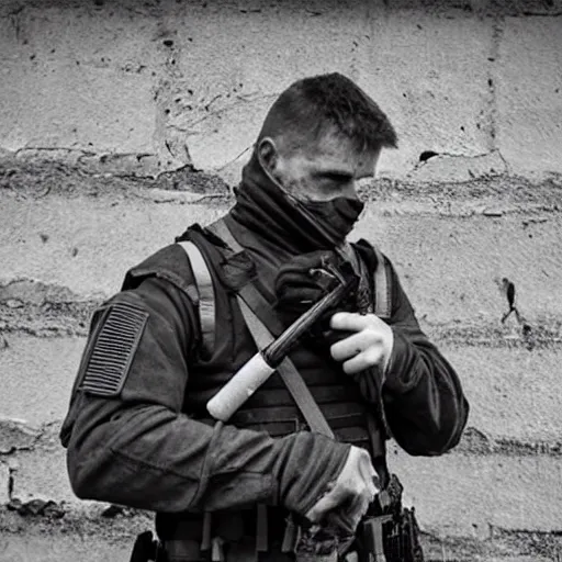 Prompt: British mercenaries wearing grey body armor smoking cigarettes in the aftermath of a bloody battle, photo by Lynsey Addario, Pulitzer Winning, cinematic composition, breathtaking, modern, 2022