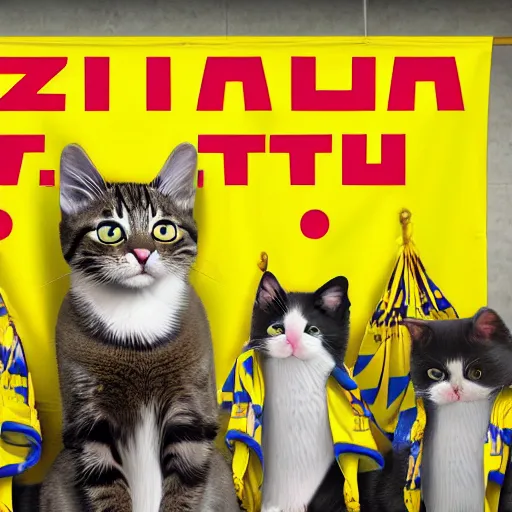 Prompt: cat wizards dressed in yellow raincoats. A banner that reads 'Wiz Biz only, Fools' adorns the back wall. Hypermaximalistic, hyper detailed 4k resolution photo realistic