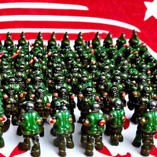 Image similar to army of toy soldiers on Christmas causing mayham and shooting guns towards