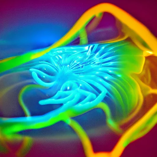 Prompt: bioluminescent, ocean, jelly fish, light art, bokeh, wide angle, colorful, neon, electric colors