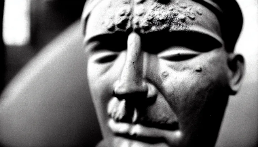 Prompt: 1 9 6 0 s movie still close - up of marcus atilius regulus'face with his eyelids teared off, intense bleeding, cinestill 8 0 0 t 3 5 mm b & w, high quality, heavy grain, high detail, texture, dramatic light