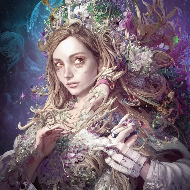 Prompt: the portrait of chaotic good female druid alchemist as absurdly beautiful, gorgeous, elegant, young happy woman, an ultrafine hyperdetailed illustration by kim jung gi, irakli nadar, detailed faces, intricate linework, sharp focus, bright colors, octopath traveler, final fantasy, unreal engine 5 highly rendered, global illumination, radiant light, detailed and intricate environment