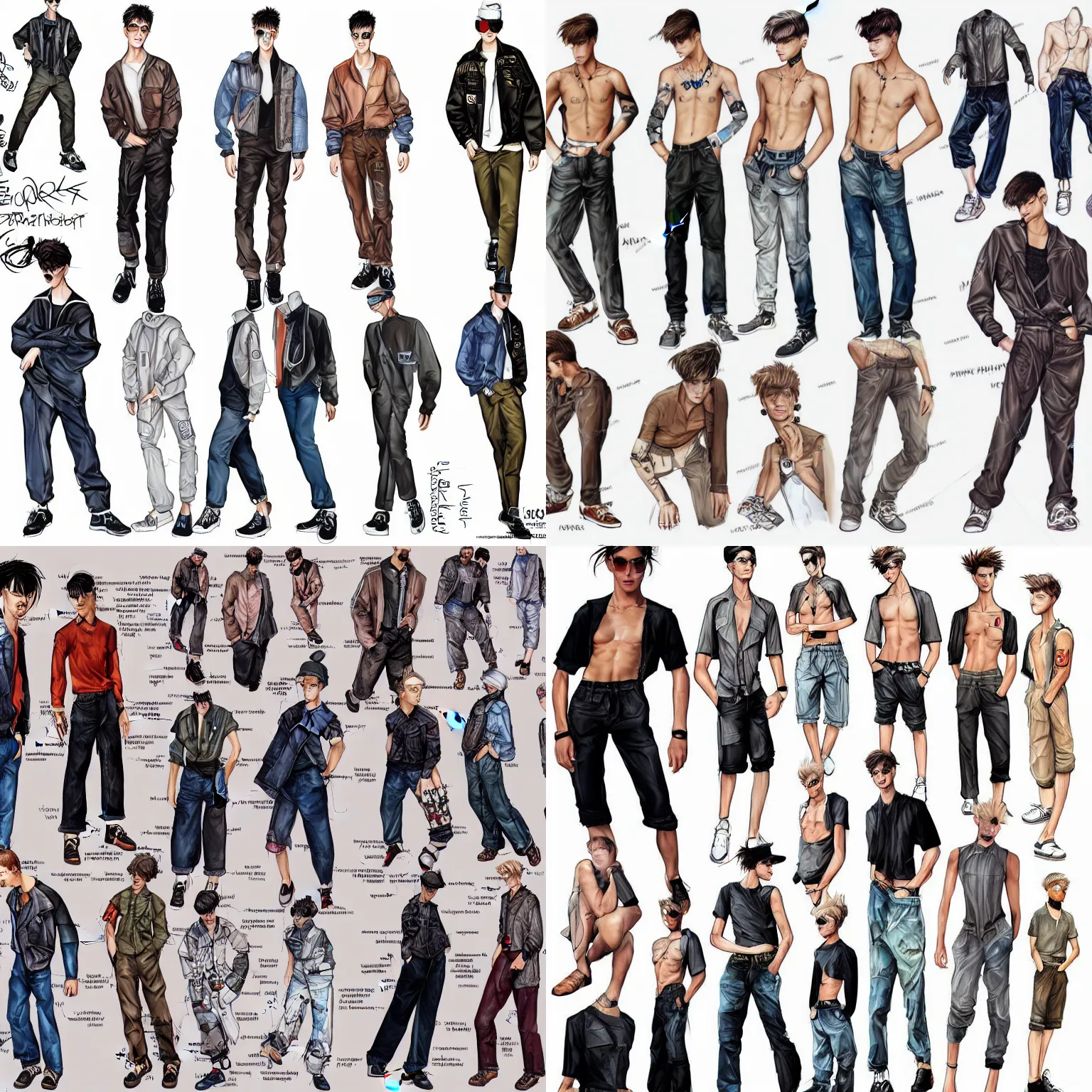 Prompt: digital concet art male 90s street fashion character reference sheet in high quality with photographic details and bright values, arstation, clear face, realistic proportions, full body,