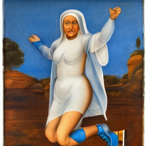 Image similar to blonde nun in blue clothes on roller skates, body shot, in the style of michaelangelo