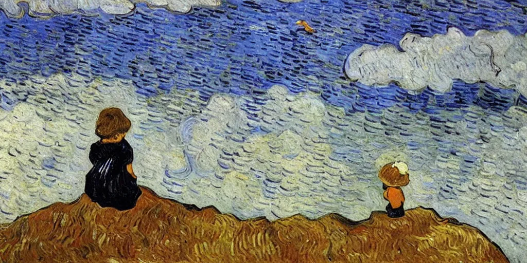 Prompt: A little girl watching seagulls on the edge of a cliff, by Vincent Van Gogh