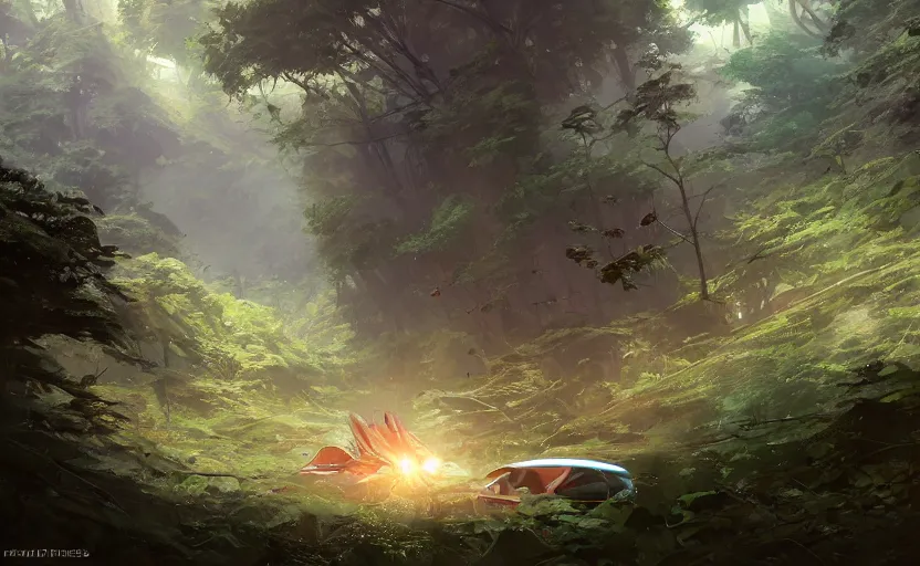 Image similar to a futuristic spaceship crash-landed in a forest, atmospheric lighting, crash, overgrowth. By Makoto Shinkai, Stanley Artgerm Lau, WLOP, Rossdraws, James Jean, Andrei Riabovitchev, Marc Simonetti, krenz cushart, Sakimichan, trending on ArtStation, digital art.