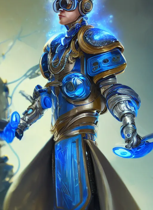 Image similar to a highly detailed illustration of thick wavy bright blonde haired effeminate boy wearing blue robe and goggles and iron cybermechanical arms, blue eyes, dramatic smiling pose, intricate, elegant, highly detailed, centered, digital painting, artstation, concept art, smooth, sharp focus, league of legends concept art, wlop