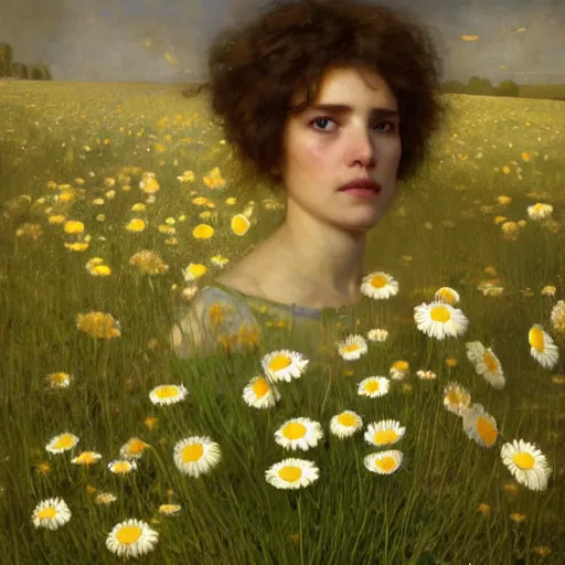 Image similar to a tiny chamomile in the meadow | highly detailed oil painting, hyperrealistic, very intrincate | cinematic lighting, award - winning | by roberto ferri, gustav klimt, william waterhouse and tom bagshaw | by austin osman spare and william blake, trending on artstation, cgsociety, official art, octane.