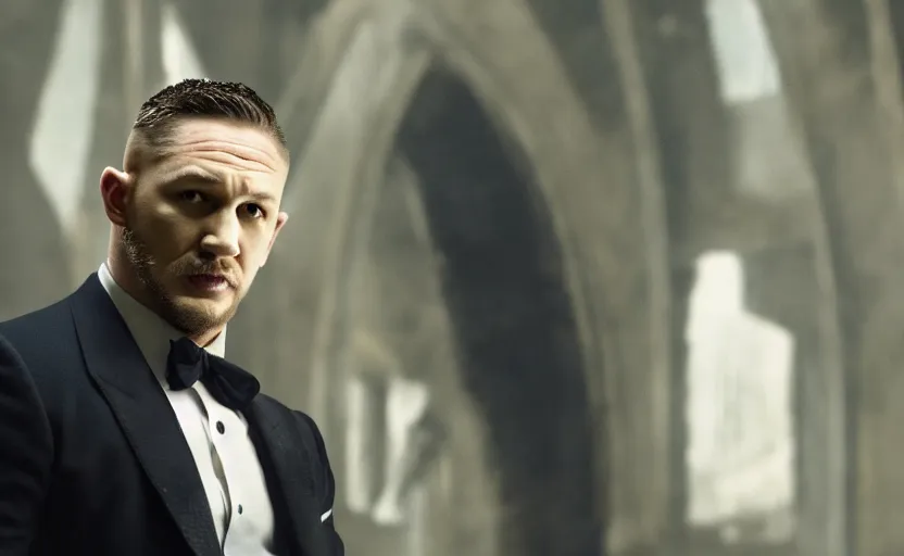 Prompt: film still of Tom Hardy as James Bond in Skyfall, 8k,