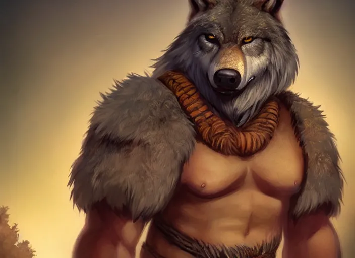 Image similar to burly tough character feature portrait of the anthro male anthropomorphic wolf fursona animal person wearing tribal primitive caveman loincloth outfit belt standing in the entrance to the cave, center framed character design stylized by charlie bowater, ross tran, artgerm, makoto shinkai, detailed, soft lighting, rendered in octane