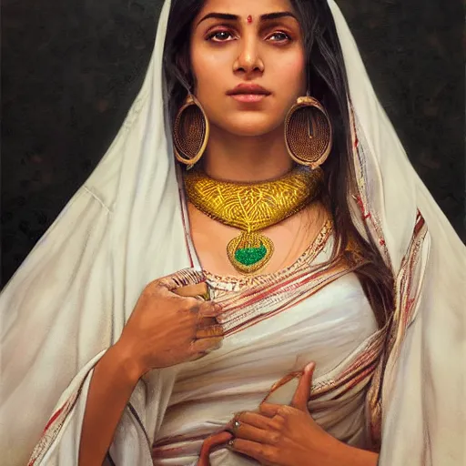 Prompt: character concept portrait of a white bengali girl, wearing a white silk muslin saree, perfect face, beautiful eyes, voluptuous, relaxing in the garden of eden, highly detailed, digital painting, artstation, concept art, symmetry, smooth, sharp focus, illustration, art by artgerm and greg rutkowski and alphonse mucha