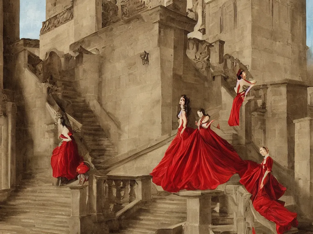 Image similar to An impressive castle entrance, a beautiful woman wearing a red dress, coming down the stairs, sided by two fierce Dobermans, painted by Desiderio Monsu