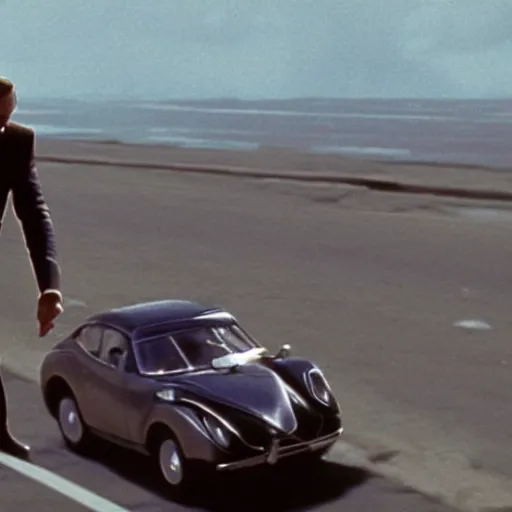 Prompt: man chased by a flying car, movie still of James bond