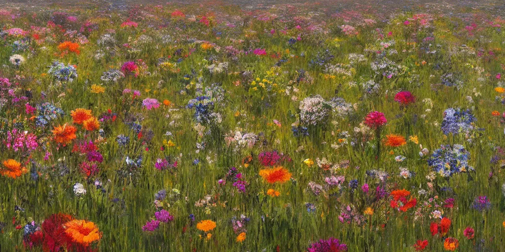 Image similar to an aesthetic field of flowers, greg rutkowski, zabrocki, karlkka, jayison devadas, trending on artstation, 8 k, ultra wide angle, zenith view, pincushion lens effect