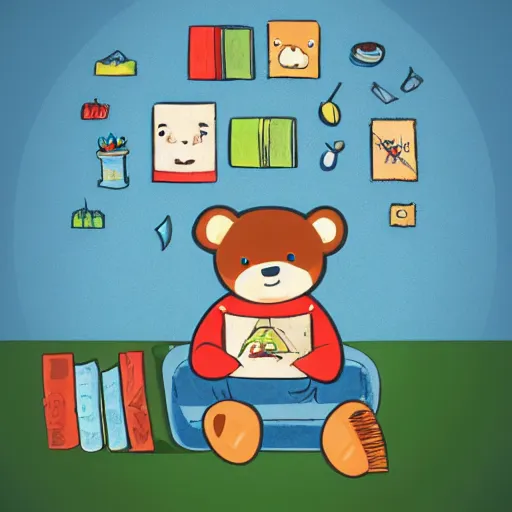 Image similar to little kid in his room holding teddy bear in style of kids book illustration