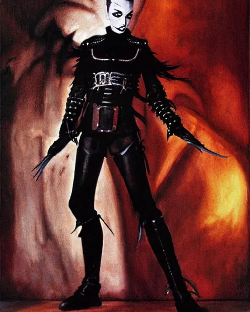 Image similar to portrait of a skinny punk goth klaus nomi wearing armor by simon bisley, john blance, frank frazetta, fantasy, thief rogue