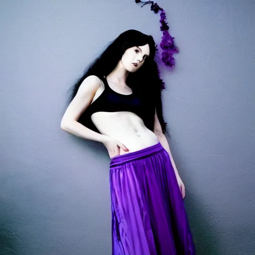 Image similar to Annie Leibovitz boudoir photo of a beautiful anime woman with long black hair, blue eyes, purple lipstick, wearing a black tank-top, a purple skirt and white socks with purple stripes