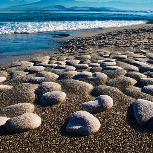 Image similar to pebble beach in a sunny day, pebbles are shaped like hearts, award winning photography, 4K