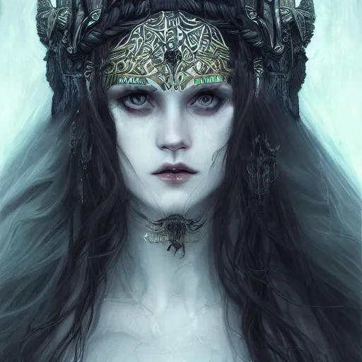 Image similar to Hel goddess of the death, long dark hair, pale skin, viking culture, gorgeous, amazing, elegant, intricate, highly detailed, digital painting, artstation, concept art, sharp focus, illustration, art by John la farge