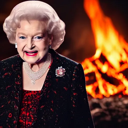 Prompt: stunning awe inspiring betty white as the queen of hell surrounded by fire, lava, brimstone and demonic killer dolls, movie still 8 k hdr atmospheric lighting