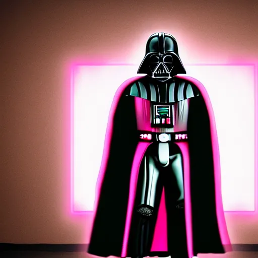 Image similar to darth vader in pink outfit, photoreal, still frame, cinematic