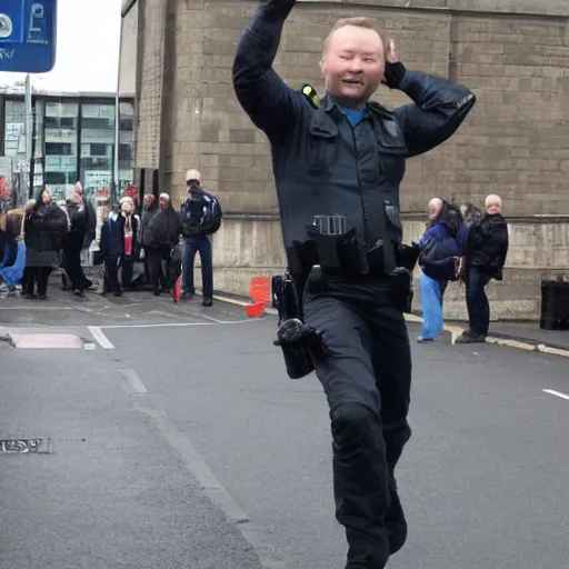 Image similar to Limmy as solid snake ballooning a policeman in Glasgow,