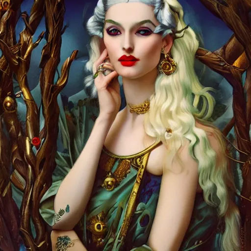 Prompt: dynamic composition, a painting with white hair of ( thin winter tree branches )!! and ( holly branches ) wearing ornate earrings, ornate gilded details, a surrealist painting by tom bagshaw and jacek yerga and tamara de lempicka and jesse king, featured on cgsociety, pop surrealism, surrealist, dramatic lighting, wiccan, pre - raphaelite
