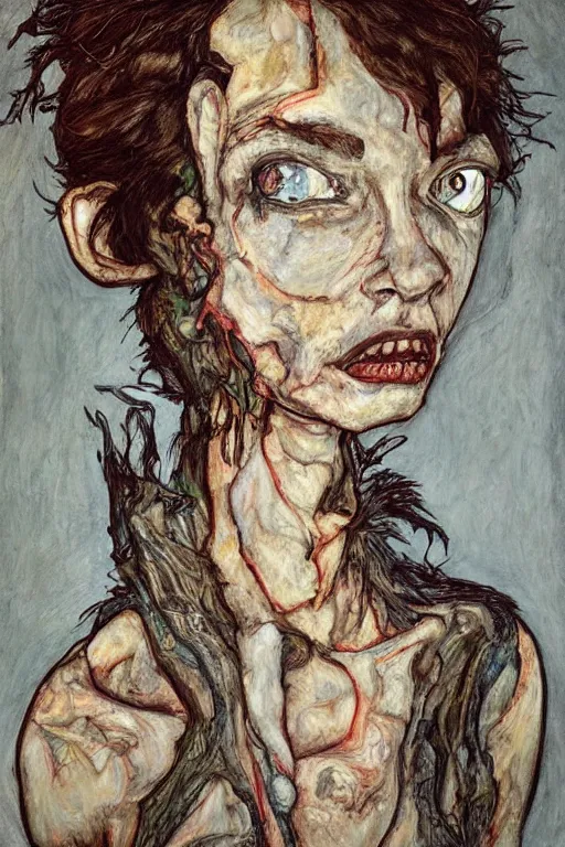 Prompt: a character in style of herakut and egon schiele, masterpiece, centered, hyperdetailed, complex, intricate, veiled, 4 k, dynamic!! trending on artstation,