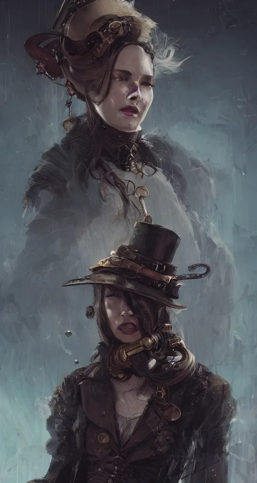Image similar to A portrait of a women in the style of steampunk by Greg Rutkowski, Sung Choi, Mitchell Mohrhauser, Maciej Kuciara, Johnson Ting, Maxim Verehin, Peter Konig, Bloodborne, 8k photorealistic, cinematic lighting, HD, high details, dramatic, dark atmosphere, trending on artstation
