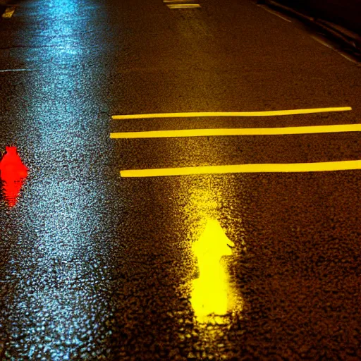 Image similar to fluffy cat crossing the street at night, after rain, reflecting lights, photograph