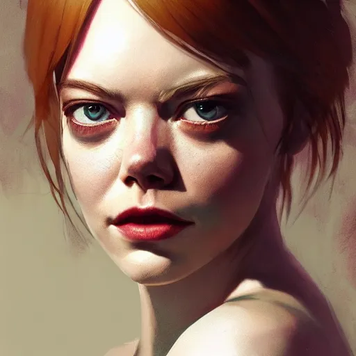 Image similar to a highly detailed epic cinematic concept art CG render digital painting artwork: Emma Stone. By Greg Rutkowski, Ilya Kuvshinov, WLOP, Stanley Artgerm Lau, Ruan Jia and Fenghua Zhong, trending on ArtStation, subtle muted cinematic colors, made in Maya, Blender and Photoshop, octane render, excellent composition, cinematic atmosphere, dynamic dramatic cinematic lighting, precise correct anatomy, aesthetic, very inspirational, arthouse