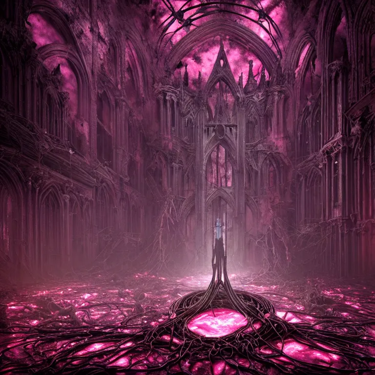 Prompt: ribbed abandoned gothic cathedral on exoplanet, covered with tentacles, roots, wires, tubes, pink neon lights, baroque painting, standing in a desolate empty wasteland, creepy, nightmare, dream-like heavy atmosphere, surreal abandoned buildings, beautiful detailed intricate insanely detailed octane render trending on Artstation, 8K artistic photography, photorealistic, volumetric cinematic light, chiaroscuro, Raphael, Caravaggio, Beksinski, Giger