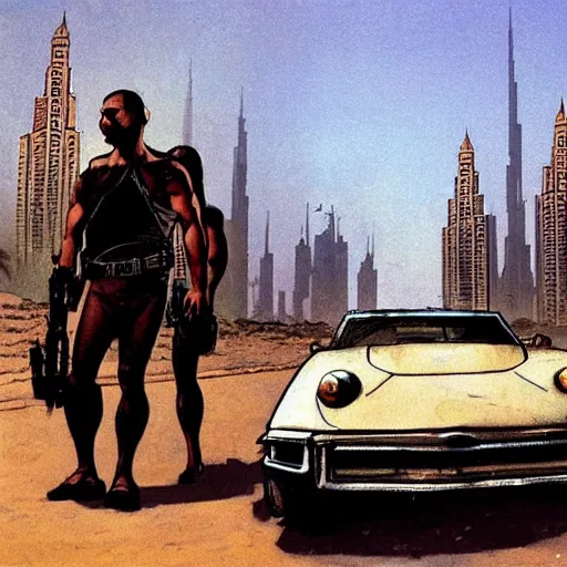 Image similar to gta : dubai, by frank frazetta