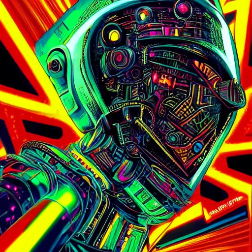 Image similar to black tshirt with a hyperdetailed portrait of a spaced out diesel punk robot, 8 k, symetrical, flourescent colors, multicolored,