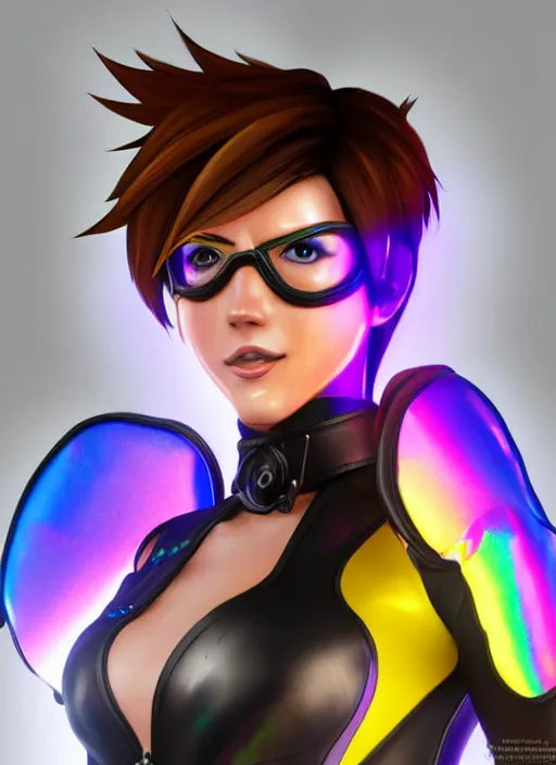 Image similar to portrait bust digital artwork of tracer overwatch, wearing iridescent rainbow latex and leather straps catsuit outfit, 4 k, expressive happy face, makeup, in style of mark arian, angel wings, wearing detailed leather collar, chains, black leather harness, detailed face and eyes,